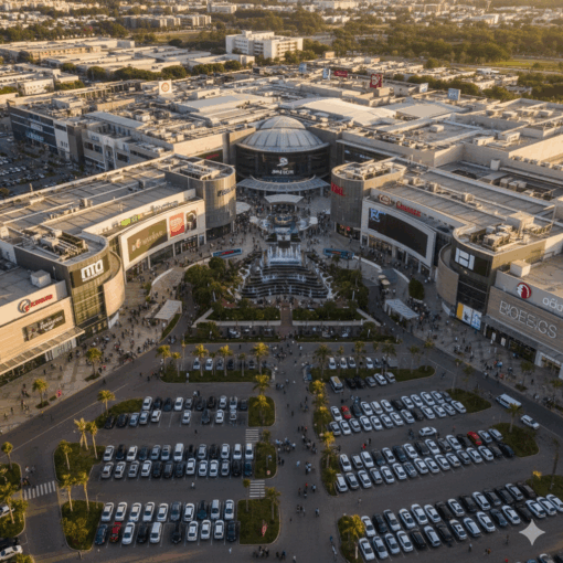 ta aérea panorâmica de um grande e moderno centro comercial com estacionamentos cheios, palmeiras e um belo pôr do sol no horizonte.