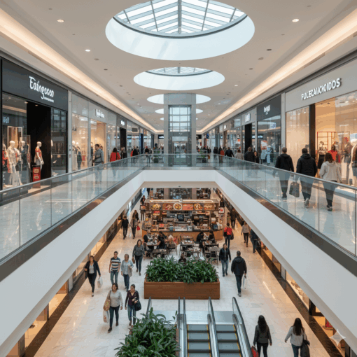  Corredor interno de um espaçoso e iluminado centro comercial, com vitrines de lojas nos dois lados, um teto de vidro, escadas rolantes e muitos clientes caminhando.