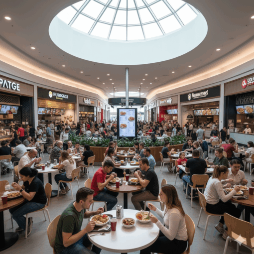 A movimentada praça de alimentação de um centro comercial, um ponto de encontro popular para refeições e socialização.