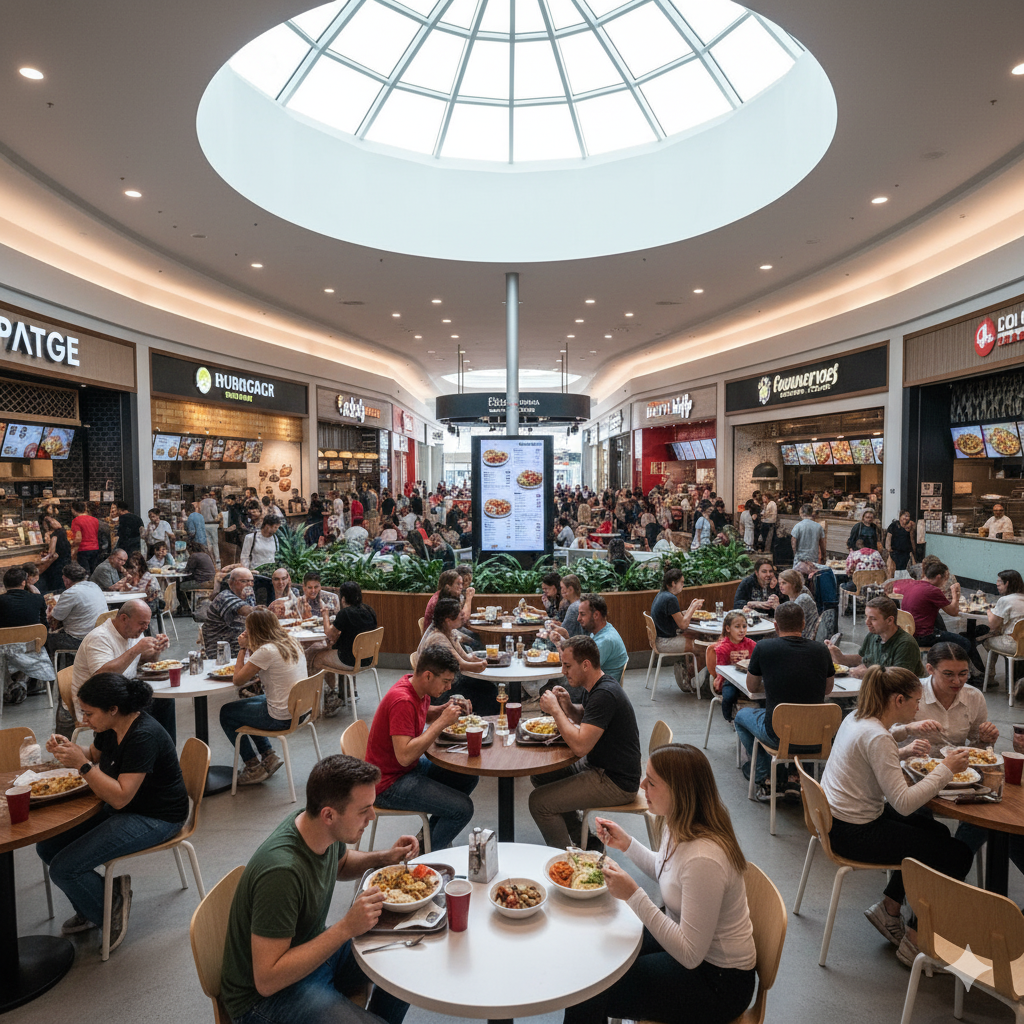 A movimentada praça de alimentação de um centro comercial, um ponto de encontro popular para refeições e socialização.